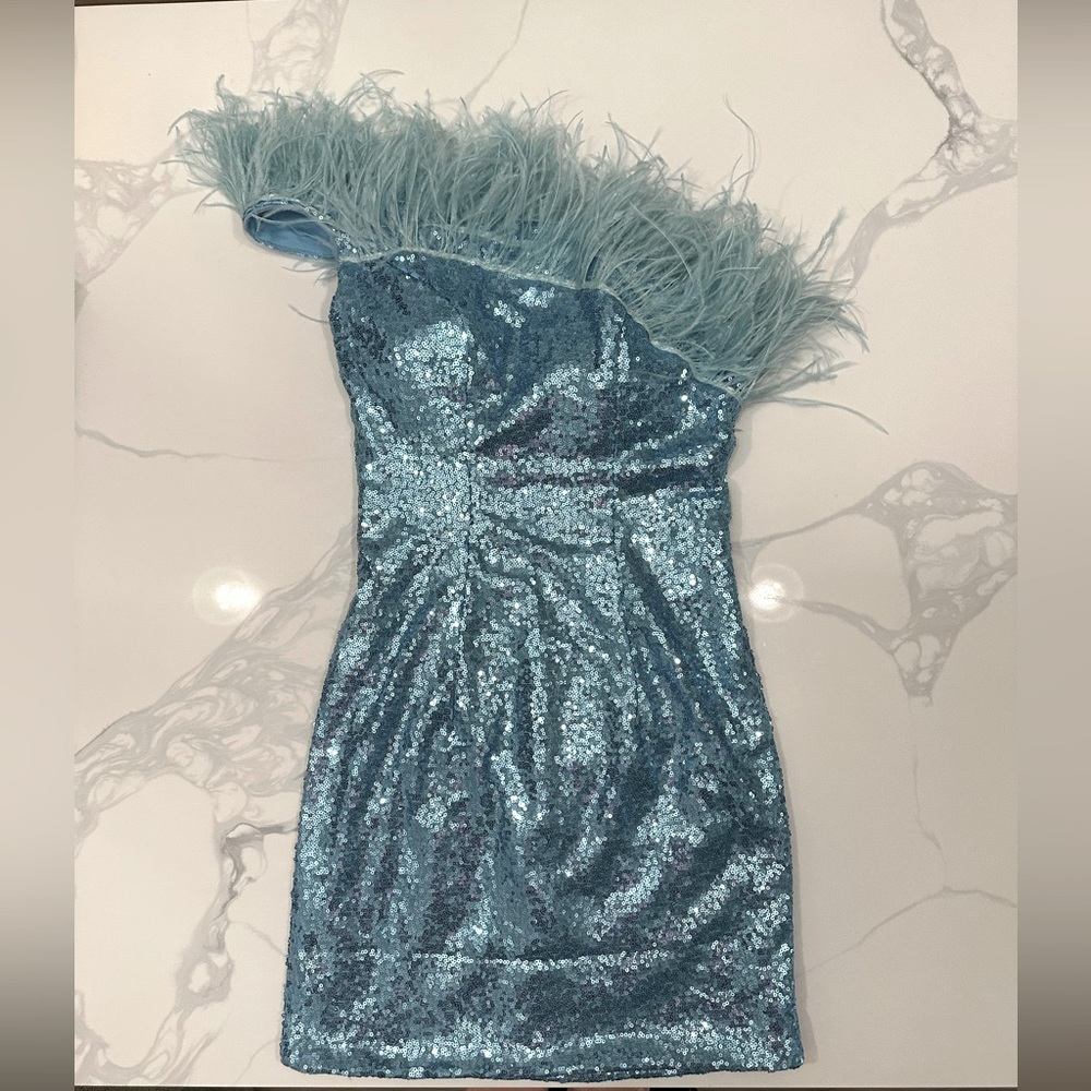 Designer Light Blue Sequin Feathered Dress
